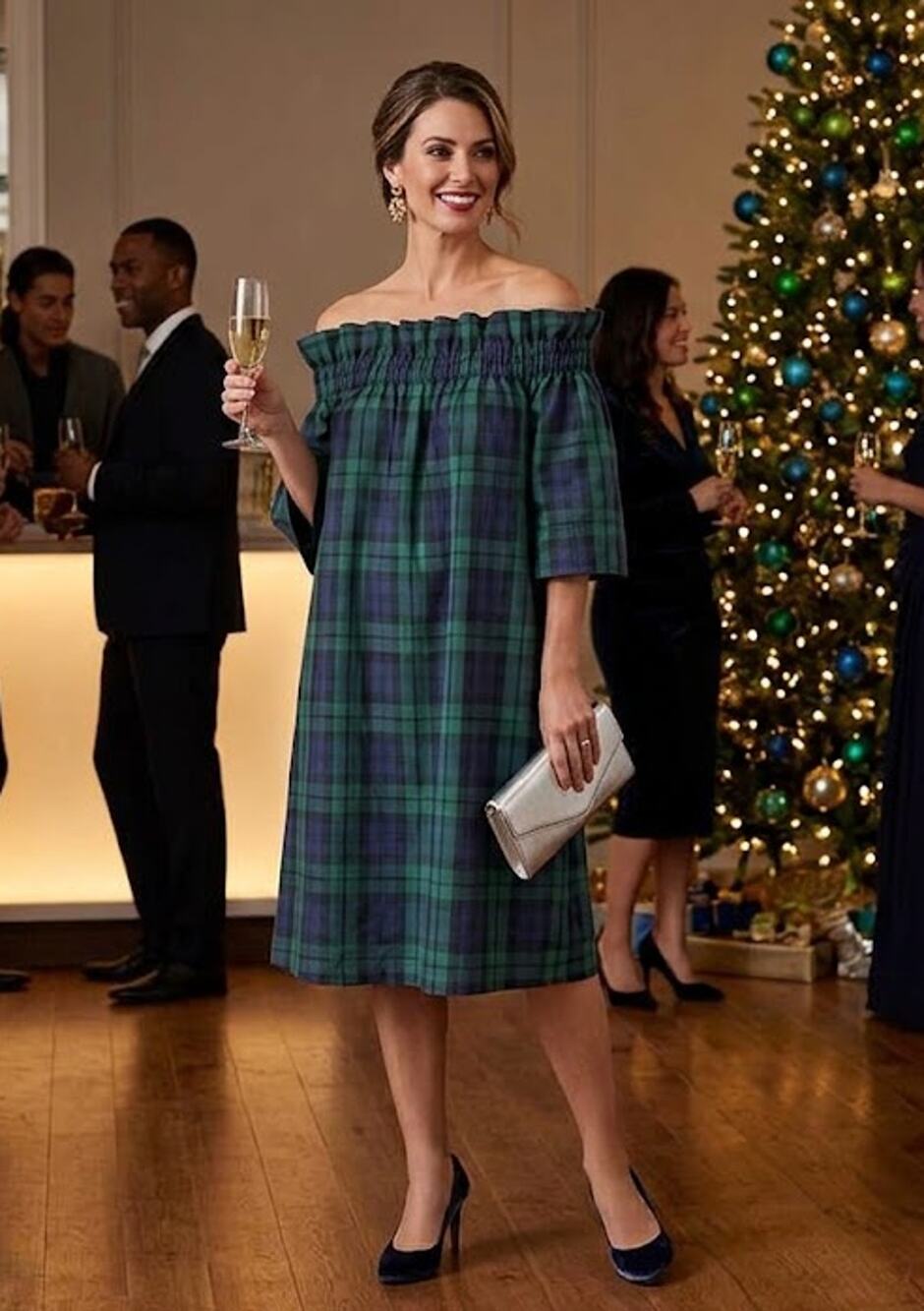 Hello Dobson Plaid Midi Dress Women's S Green Blue Blackwatch Off Shoulder